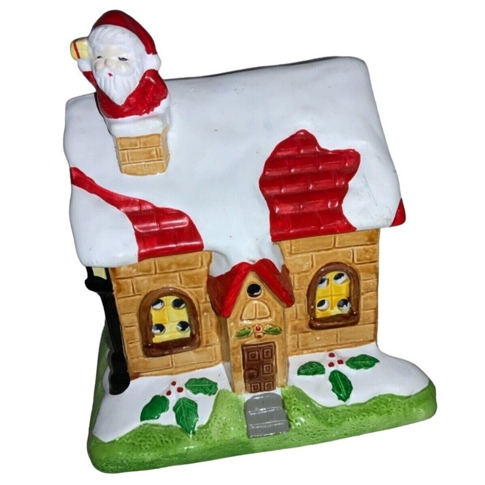 Christmas Village House With Santa Going Down The Chimney Porcelain House